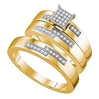 The Diamond Deal 10kt Yellow Gold His & Hers Round Diamond Cluster Matching Bridal Wedding Ring Band Set 1/6 Cttw