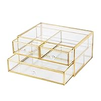 Gold Glass Box Makeup Organizer, Glass Jewelry Box Drawer, Vintage Jewel Organizer, Desktop Cosmetic Storage, Makeup Container, Keepsake Box with Golden Lace Decoration, 2 Tiers
