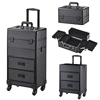 4 in1 Rolling Makeup Case Makeup Train Travel Case Cosmetic Case Organizer Lockable Cosmetology Barber Case on Wheels with Makeup Box and 2 Sliding Drawers for Hair Stylist Beauty Salon,Black