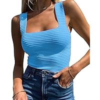 peasse Women's Ribbed Square Neck Tank Top Low-Cut Wide Strappy Sexy Going Out Tops Teen Girls Summer 2024