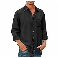 Mens Linen Shirt,Plus Size Long Sleeve Baggy Solid Shirt Summer Lightweight Casual Fashion T-Shirt Blouse Top Trendy 2024 Outdoor Tees Black M