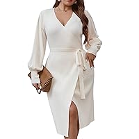 Algasan Women’s Knitted Long Sleeve Dress Plus Size Casual Solid Long Sleeve Wrap Dresses with Belt