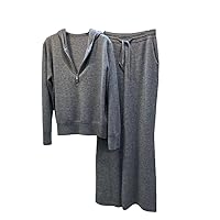 Two Pieces 100% Cashmere Sets Wool Suits Female Hooded Warm Mink Cashmere Knit Tops And Wide Leg Wool Pant Sets