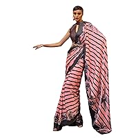 Peach Black Cocktail Party Woman Digital Printed Saree Blouse Satin Crepe Stylish Trendy Indian Sari 3728