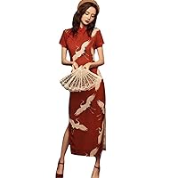 Chinese Style Crane Print Cheongsam,Slim Fit Dress with Short Sleeve Stand Collar,Vintage Red Qipao for Women