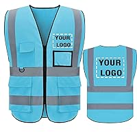 Add Your Name Text on High Visibility Reflective Safety Vest Class 2 ANSI Custom Your Text Protective Workwear 5 Pockets With Reflective Strips Outdoor Work Vest(Sky Blue M)