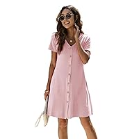 Summer Dresses for Women 2023 Solid Button Front Tee Dress with Pocket