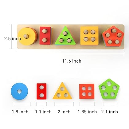 WOOD CITY Wooden Sorting & Stacking Toy, Shape Sorter Toys for Toddlers, Montessori Color Recognition Stacker, Early Educational Block Puzzles for Kids 1 2 3 Years Old Boys and Girls (5 Shapes)