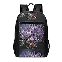 Lavender Bouquet Print Simple Sports Backpack, Unisex Lightweight Casual Backpack, 17 Inches