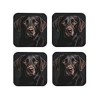 Leather Drink Coasters Set of 4 Black Lab Dog Print Coaster with Holder Waterproof Heat-Resistant Round Cup Mat Pad for Hot Cold Drink Non-Slip Coffee Coasters for Living Room Kitchen Bar