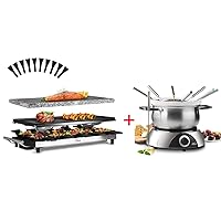 Artestia Raclette Table Grill Electric Fondue Pot Set, Temperatural Control, 8 Color-Coded Forks, 10 Non-Stick Pans, Dual Thermostat Fondue Grill Combo for Chocolate, Cheese, Grilling