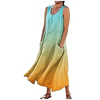 Womens Beach Clothes Sundresses for Women 2024 Gradient Color Casual Fashion Y2k Loose Fit with Sleeveless U Neck Pockets Dress Orange Small