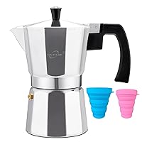 Classic Stovetop Espresso Maker 6 Cup ，Moka Pot Aluminum Silver，Cuban Coffee Maker w/ 2 silicone folding cups， Make Delicious Coffee Easily at Home And Camping