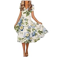 Long Summer Dresses for Women 2023,Lace V Neck Short Sleeve Vintage Sundress Bodycon Cutout Side Slit Midi Dress