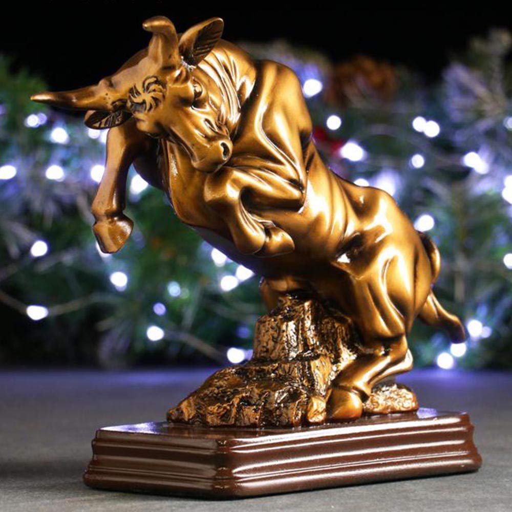 AEVVV Charging Bull Statue with Brown Pedestal Base Made of Gold-Finished Polystone - Bull Market Figurine Wallstreet Bull