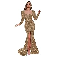 Prom Dresses with Slit Sparkly Sequin V Neck Long Sleeve Mermaid Evening Formal Party Gowns for Women with Train
