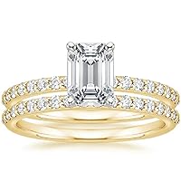 Moissanite Engagement Ring Set, 14K Yellow Gold, Emerald Cut 2ct Center Stone, Wedding Band Gift