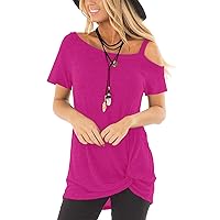 Women's Cold Shoulder T Shirt Casual Short Sleeve Blouse Knot Twist Front Tunic Tops