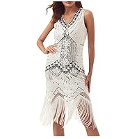 Plus Size Women 1920s Vintage Fringed Sequin Art Deco Dress Tassels Sleeveless V-Neck Cocktail Gatsby Flapper Dress