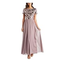 R&M Richards Womens Pink Sequined Floral Short Sleeve Jewel Neck Full-Length Evening Fit + Flare Dress 8