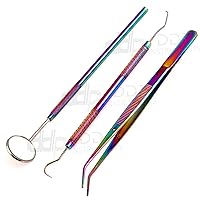 DDP Dental Tools, 3-Pack Dental Hygiene Tool Dental Kit, Mouth Mirror, Dental Pick, Tweezers, Stainless Steel Rainbow Multi-Color