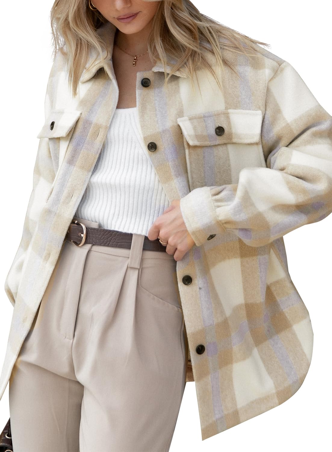 Womens Flannel Plaid Cropped Jacket Long Sleeve Button Down Chest Pocketed Shirts  Coats Shacket 