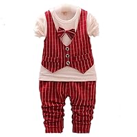 Baby Boys 2 Piece Outfits Fake Two-piece Vest Long Sleeve Top with Tie+Strip Pants