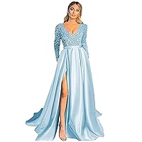 Prom Dresses Sequin V-Neck Long Sleeve Satin Floor-Length Formal Evening Party Gowns with Slit