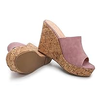 LEHOOR Cork Wedge Mules for Women Platform Slide Sandals Peep Toe, High Wedge 4.5Inch Slippers Microfiber Suede 6-11 M US