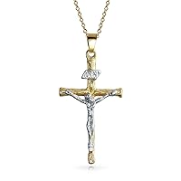 Bling Jewelry Traditional Christian Religious Jesus Inri Crucifix Cross Pendant Necklace For Women Men Two Tone 18K Tri Color Gold Plated