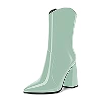 Womens Solid Patent Zip Pointed Toe Dress Office Block High Heel Ankle High Boots 4 Inch