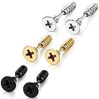 Stainless Steel Womens Mens Screw Stud Earrings Pierced Tunnel 3 Pairs 3 Colors (3 Pairs:Black+Silver+Gold)