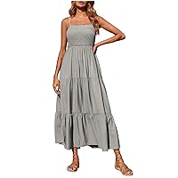 Women's Summer Casual Sleeveless Dress Smocked Tiered Swing A Line Boho Beach Spaghetti Strap Flowy Long Dresses (5X-Large, Gray)
