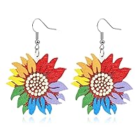 Unique Simple Handmade Wooden Sunflower Daisy Flower Dangle Drop Earrings Bohemian Colour Sunflower Earrings for Women Girls Elegant Summer Boho Jewelry