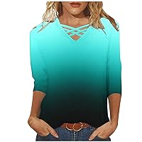 Womens 3/4 Sleeve T-Shirts Criss Cross V Neck Tops Basic Tee Gradient Color Blouse Loose Fit Pullover Summer Shirts