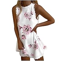 Women Summer Linen Scallop Trim Floral Tank Sun Dress Sleeveless Zipper Back Casual Loose Fit Vacation Mini Dresses