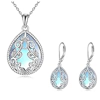 YAFEINI Moonstone Necklace and Earrings sterling silver Filigree Teardrop Moonstone Jewelry Set Christmas Gifts for Women Girls