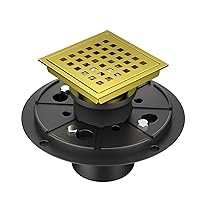 EXF Square Shower Drain 4 Inch Brushed Gold, Stainless Steel Shower Floor Drain Kit with Flange, Removable Cover Grid Grate, Hair Strainer