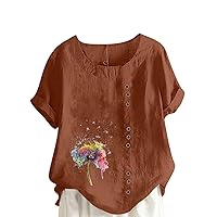 Daisy Floral Print Loose Fit Long T Shirt for Women Summer Fall Short Sleeve Crew Neck Linen Tops Shirt Women 2024
