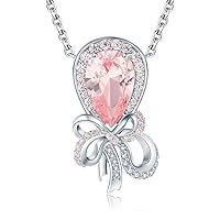 JewelryPalace Balloon Pear 3.1ct Created Pink Sapphire Collar Necklace for Women, Love Bow Knot 14k Gold Plated 925 Sterling Silver Pendant Necklace, Gemstones Jewellery Sets 18 Inches Chain