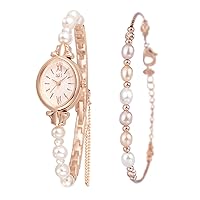 Women's Pearl Watch Set: Roman Numeral Analog Quartz Oval Dial Exquisite Bracelet - Women's Analog Watch Rose Gold for Valentine's Day