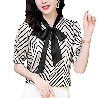 Summer Women's Striped Shirt Bow Shirts Short Sleeve Blouses for Women Tops Real Silk Office Lady Satin Blouse