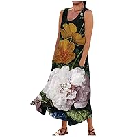 Plus Size Linen Dress for Women Summer Black Printed Sundresses Flower Girl Beach Maxi Summer Dresses for Women 2024