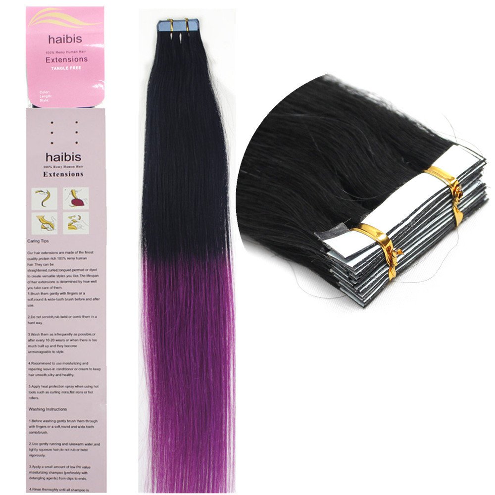 haibis 16''-24''Tape in Remy Human Hair Extensions Straight Skin Weft Human Hair 20pcs Ombre Mixed Color(16''30g,T1/PURPLE)
