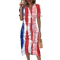 Women's 4Th of July Beach Dresses Spring Summer Elegant Wrap V Neck Boho Dress Flowy Ruched Hawaiian Maxi Dress