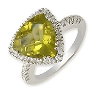 Lemon Quartz and Diamond Triangle and Round Shape Ring 5.50 ct tw in 14K White Gold