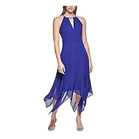 Vince Camuto Womens Blue Zippered Rhinestone Pleated Keyhole Handkerchief-Hem Sleeveless Halter Midi Party Fit + Flare Dress Petites 14P