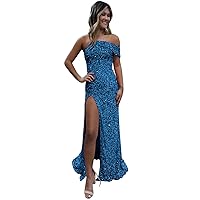 One Shoulder Prom Dress Sparkly Sequin Formal Dress with Slit Mermaid Evening Gown for Women BU126