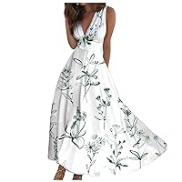 Summer Dresses for Women 2024 Wrap V Neck Flowy Ruched Maxi Dress Sleeveless Printed Beach Dresses Boho Sundresses