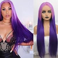 Lace Front Wig Ombre Purple Wigs 13x4 Lace Front Wigs Long Straight Wig for Women 13 x 4 Transparent Lace 150% Density Pre Plucked (40inch, Ombre purple)